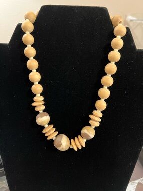 Natural wood bead necklace; earthy, boho statement piece, 16”, vintage